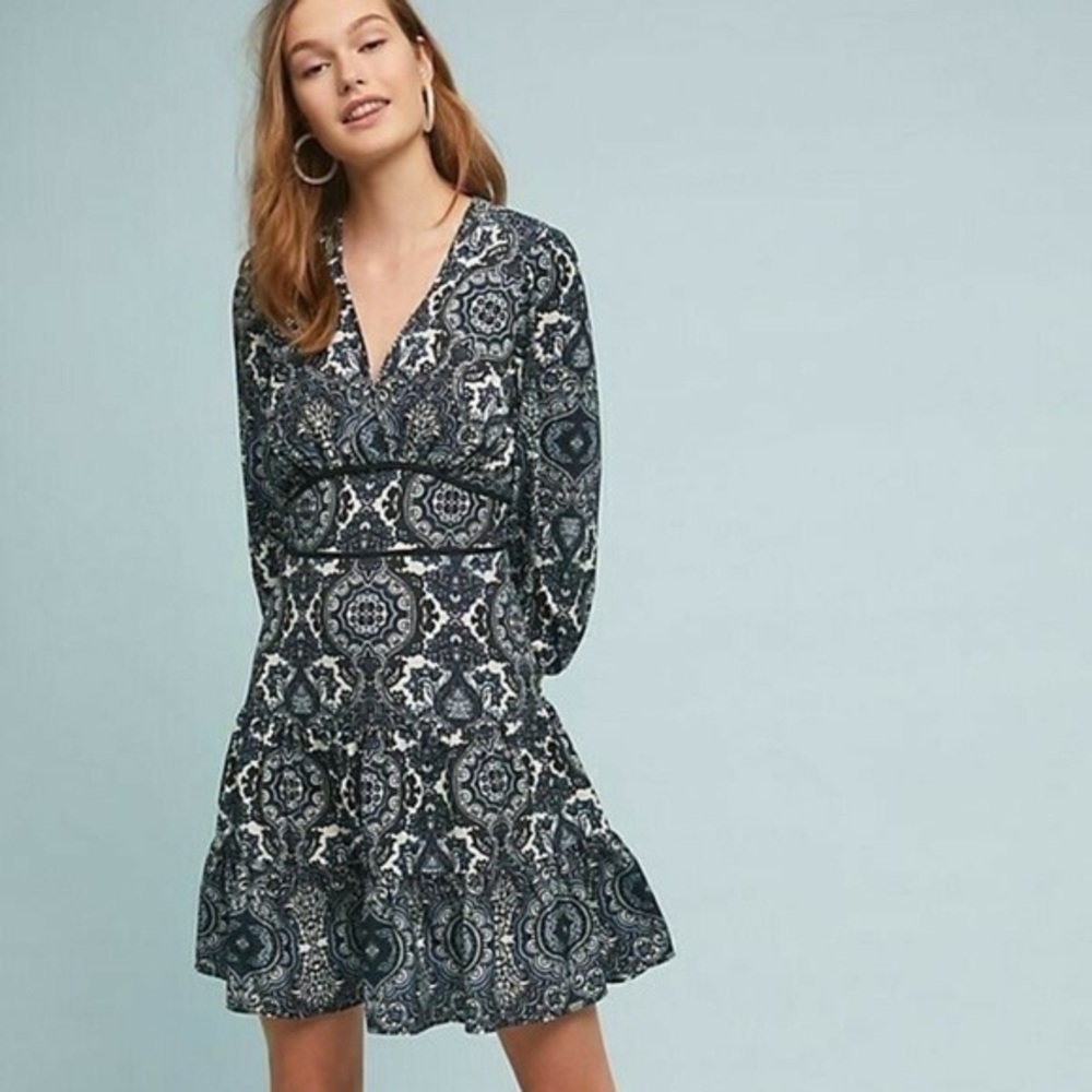 Shoshanna Emery Paisley Tiered Peasant Boho Dress Navy Blue 3/4 Sleeves Size 4